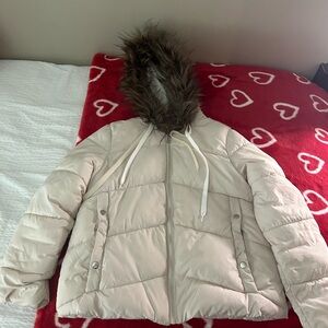 Maralyn & Me  Beige Puffer Jacket with Faux Fur Hood